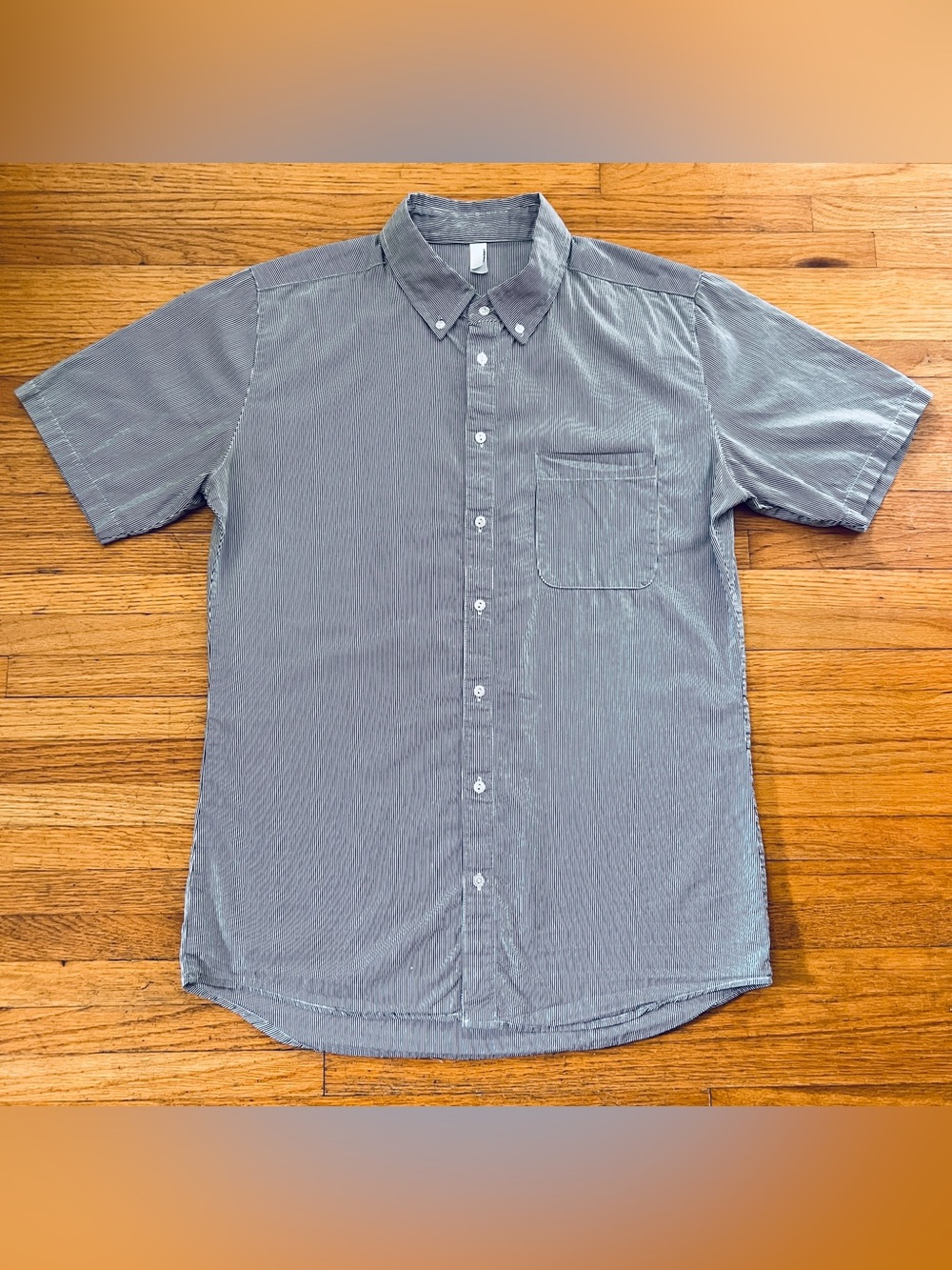American Apparel Unisex Black White Stripe Short Sleeve Button Down Shirt - M